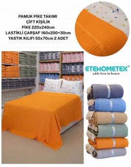 ETEHOMETEX ÇİFT KİŞİLİK %100 PAMUK HAVUZLU PİKE TAKIMI TURUNCU 8696474232074